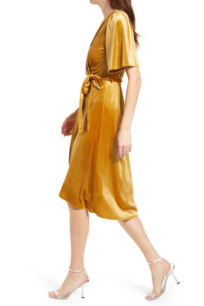 Velvet Faux Wrap Dress, Alternate, color, GOLD