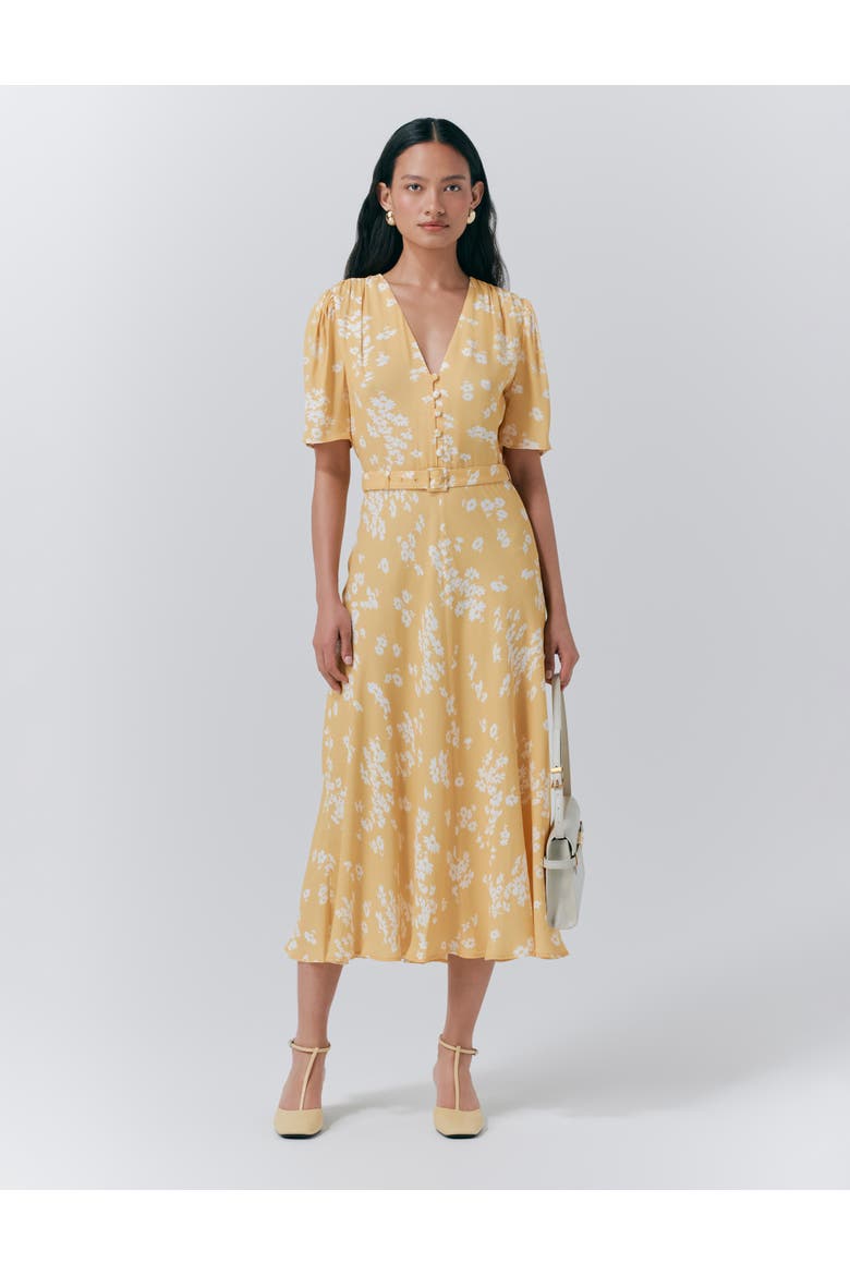 Jemima Crepe Floral Belted Midi Dress, Main, color, Yellow Daisy Ray