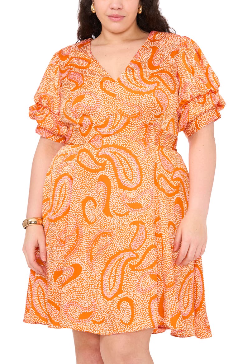 Puff Sleeve Fit & Flare Dress, Alternate, color, RUSSET ORANGE