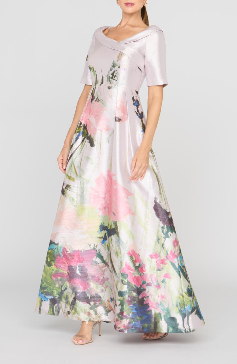 Kay Unger Coco Metallic Floral Print Mikado Gown, Alternate, color, Lilac Mist Multi