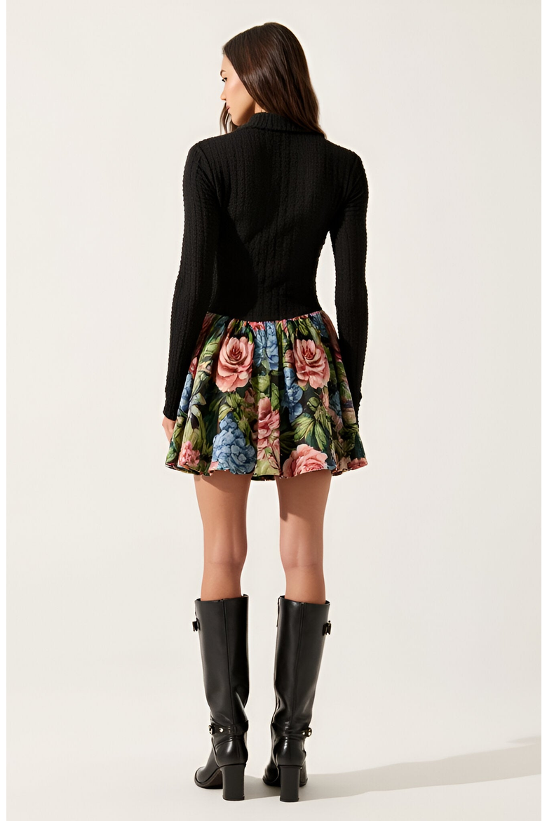 Rib-Knit Mock Neck Long Sleeve Dress with Floral Skirt, Alternate, color, Multicolored Floral