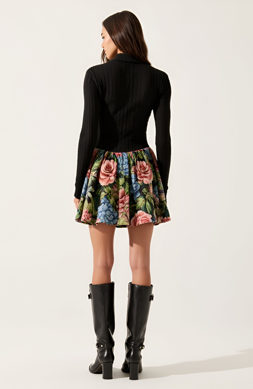 Modenaire Rib-knit Mock Neck Long Sleeve Dress With Floral Skirt In Black