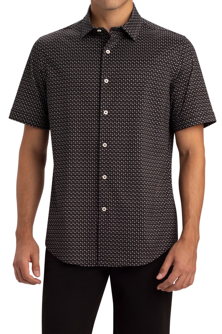 OoohCotton® Print Short Sleeve Button-Up Shirt, Main, color, BLACK