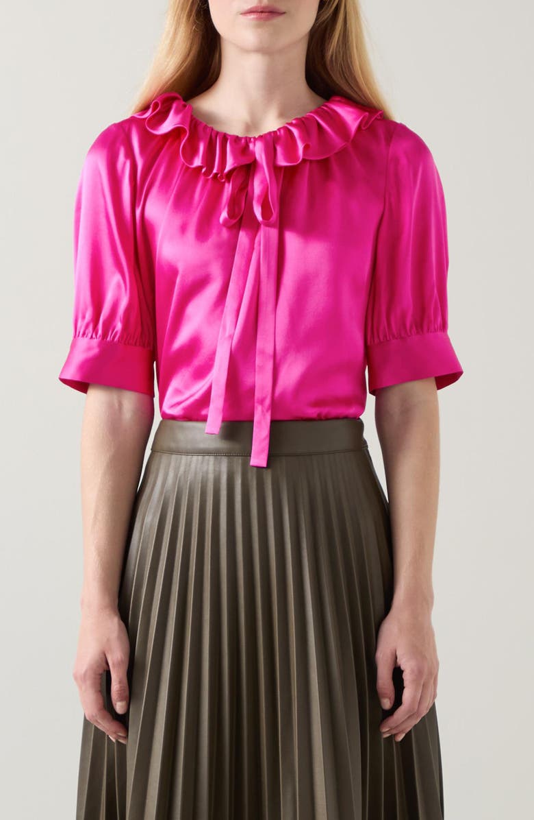 LK Bennett Coco Ruffle Neck Silk Top, Main, color, Magenta