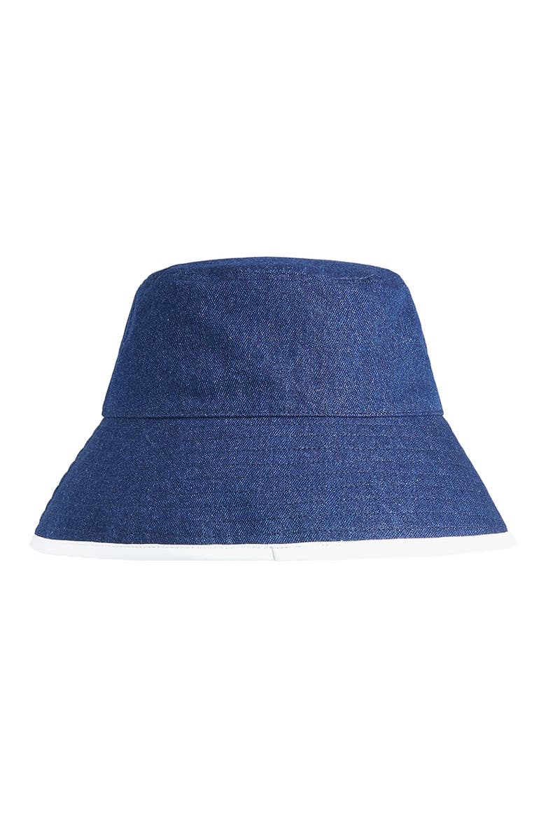 Contrast Binding Cotton Denim Bucket Hat, Alternate, color, DARK WASH
