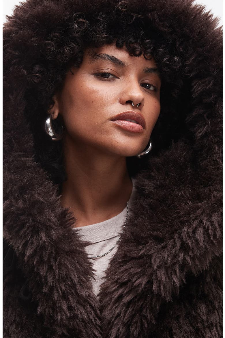Faux Fur Hooded Long Coat, Alternate, color, BROWN