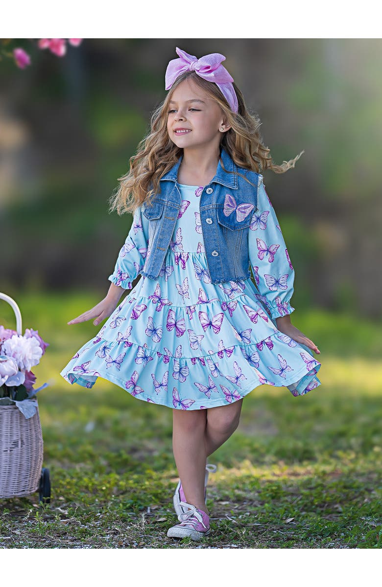 Mia Belle Girls Girls Give Me Butterflies Denim Vest And Dress Set, Alternate, color, 