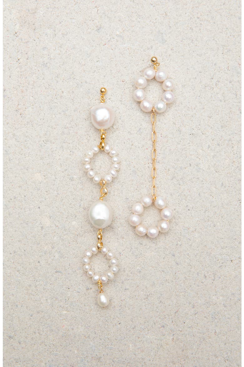 Sandrine Mismatched Pearl Earrings, Alternate, color, GOLD