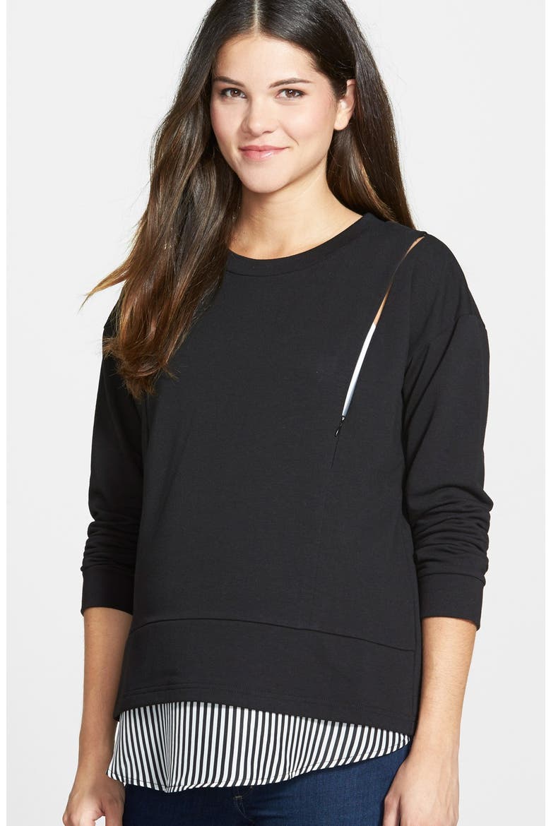 'Alex' Layered Look Maternity/Nursing Sweatshirt, Alternate, color, BLACK