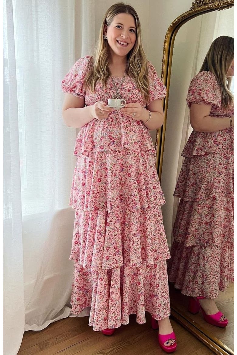 Floral Square Neck Ruffle Layered Maxi Dress, Alternate, color, Pink