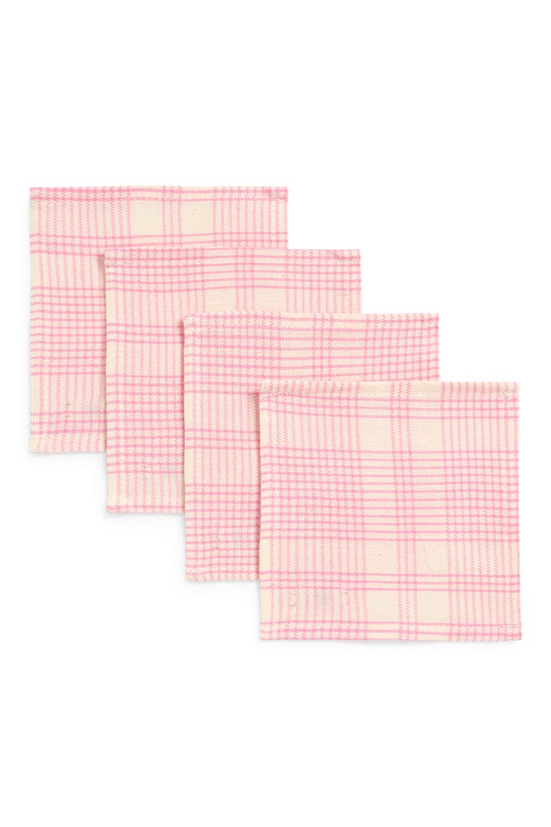 Marianne Plaid Set of 4 Cocktail Napkins, Main, color, PEONY