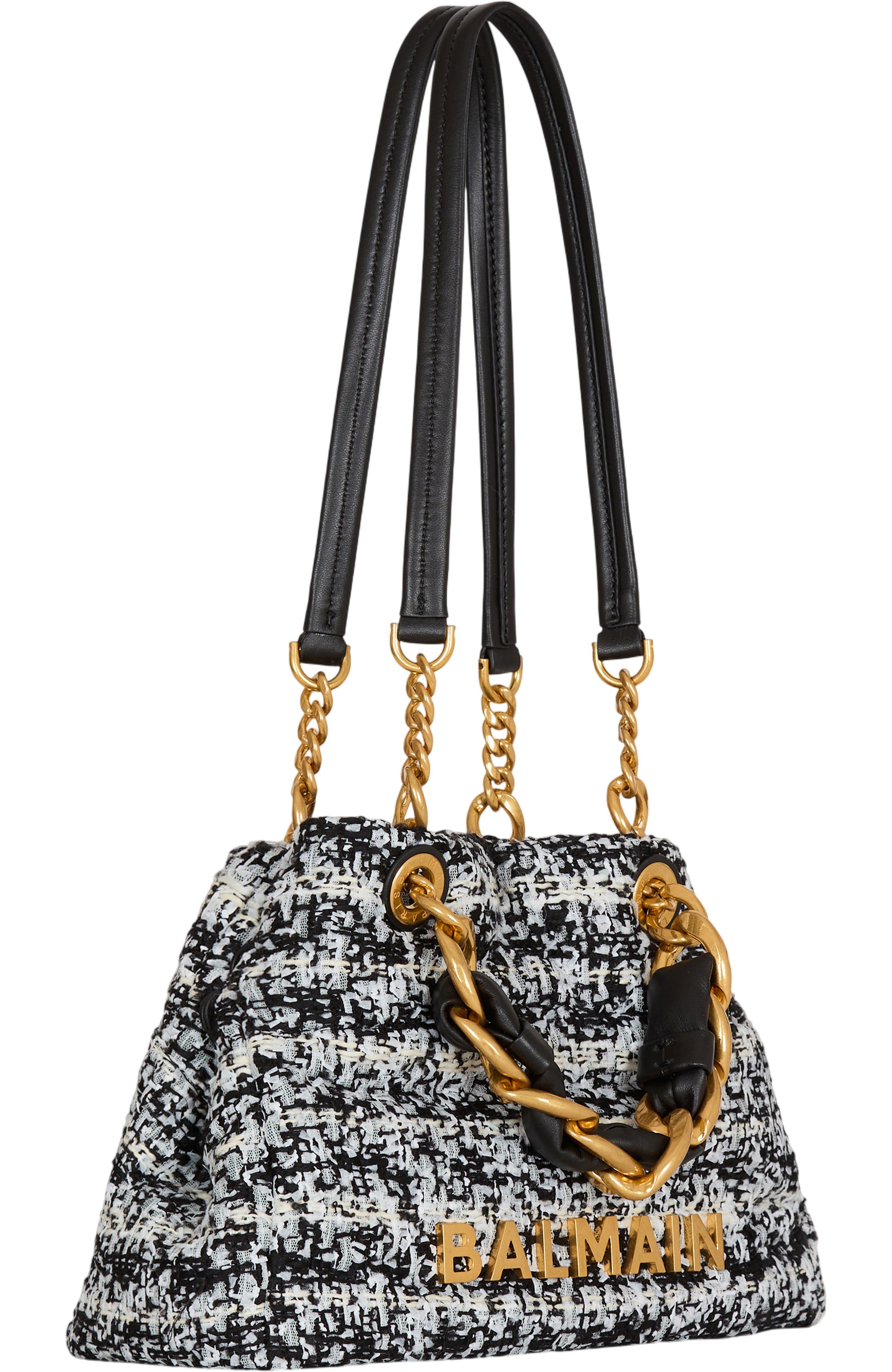 Balmain Small 1945 Soft tweed tote bag, Alternate, color, Black