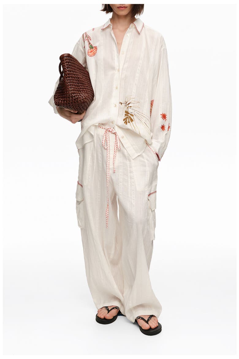 Barrel-Leg Cotton Trousers With Decorative Stitching, Alternate, color, IVORY
