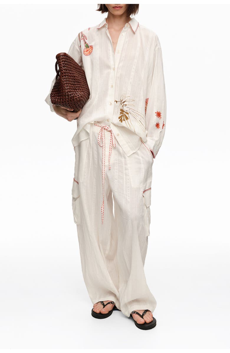 Bimba y Lola Barrel-Leg Cotton Trousers With Decorative Stitching, Alternate, color, Ivory