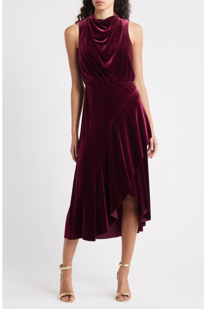 Cowl Neck High-Low Velvet Midi Dress, Main, color, WINE