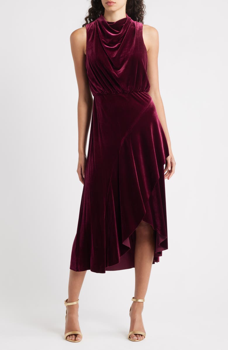 Vince Camuto Cowl Neck High-Low Velvet Midi Dress, Main, color, 