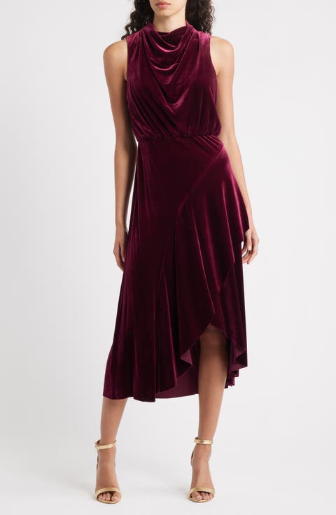 Cowl Neck High-Low Velvet Midi Dress