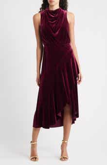 Vince Camuto Cowl Neck High-Low Velvet Midi Dress