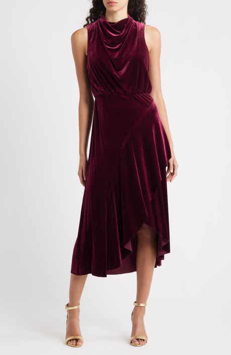 Vince Camuto Cowl Neck High-Low Velvet Midi Dress