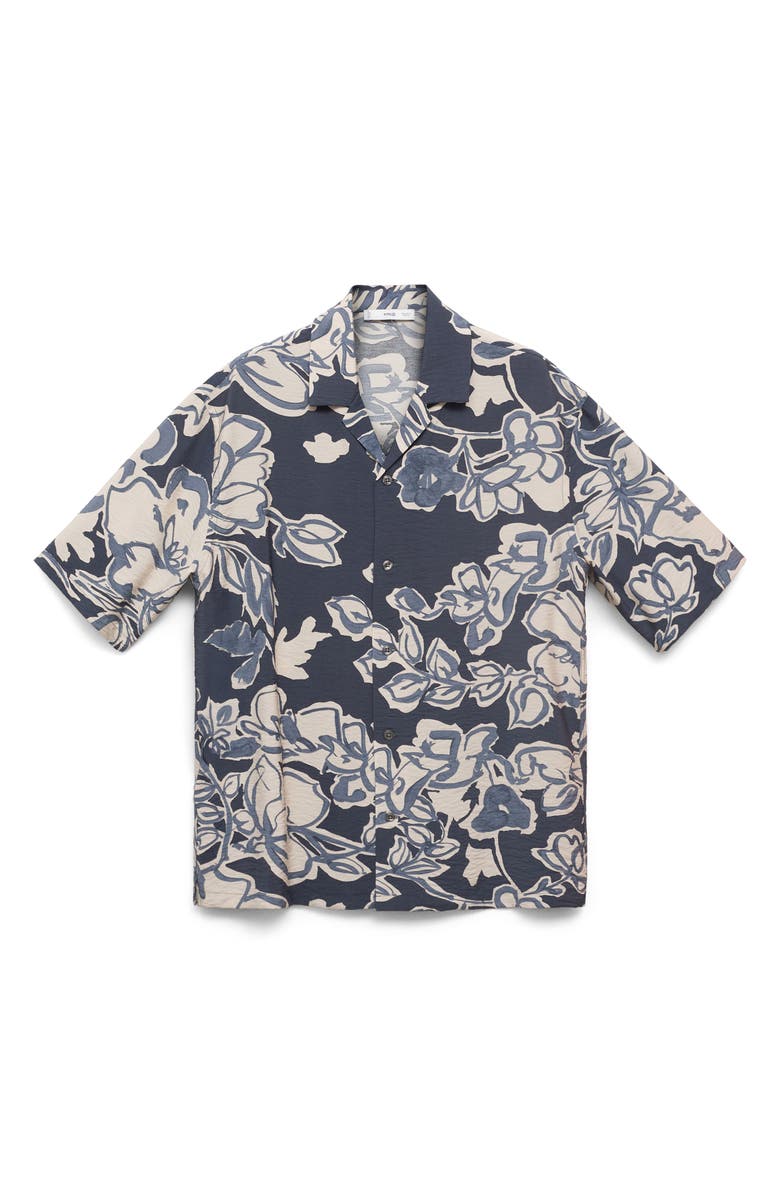 MANGO Wrinkled Effect Floral Camp Shirt, Alternate, color, Navy