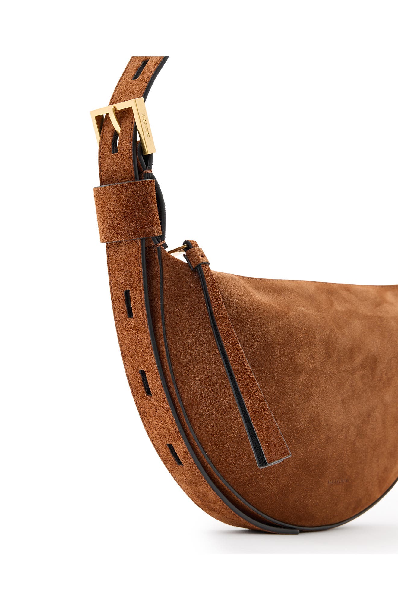 AllSaints Half Moon Suede Crossbody Bag, Alternate, color, Cognac Brown