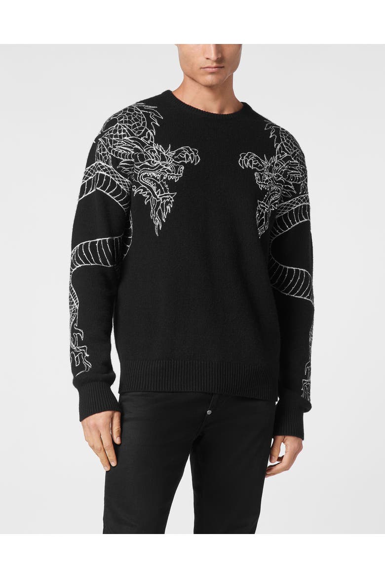 Pullover Round Neck Dragon Men, Main, color, black