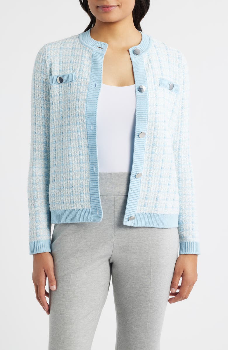 Anne Klein Lady Tweed Cardigan, Main, color, Opal Blue / White Dove