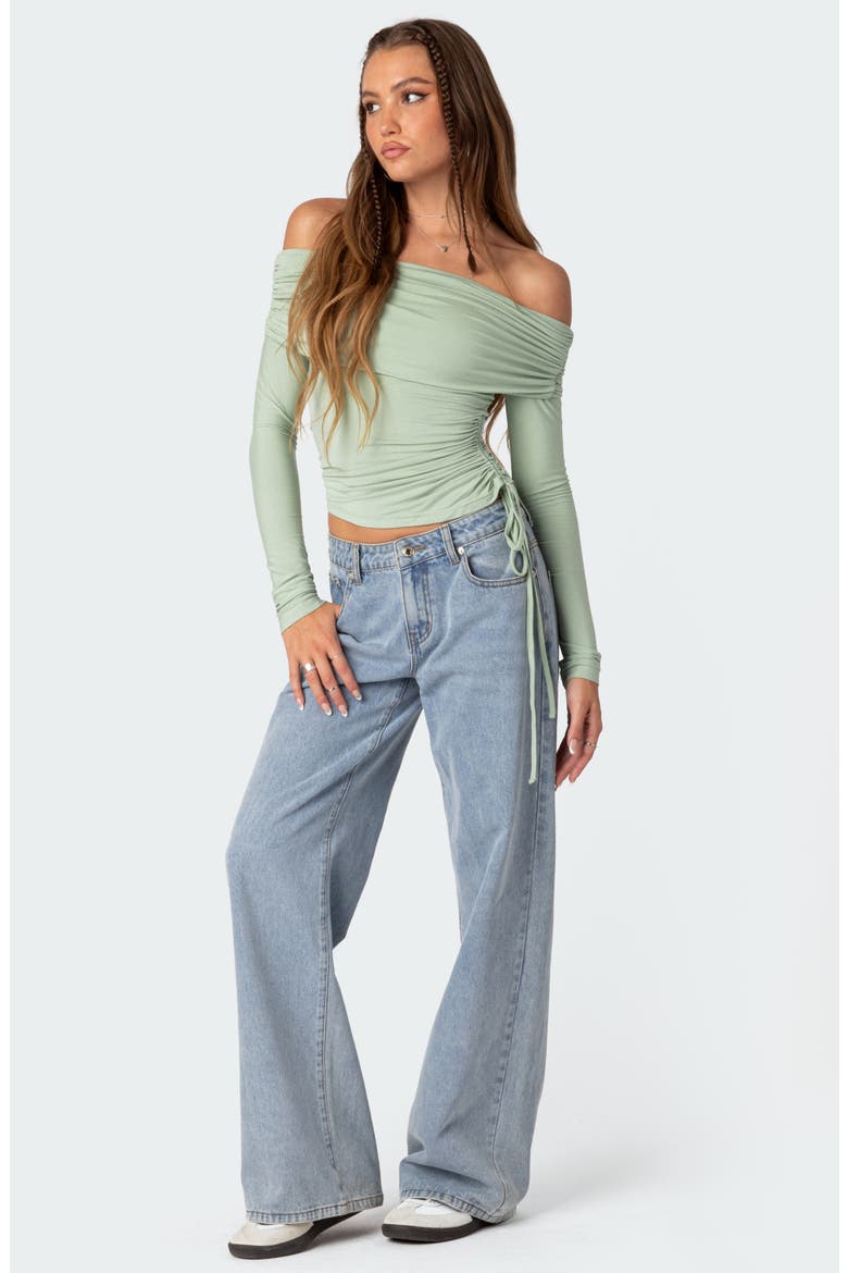 Off the Shoulder Side Ruched Knit Top, Alternate, color, GREEN
