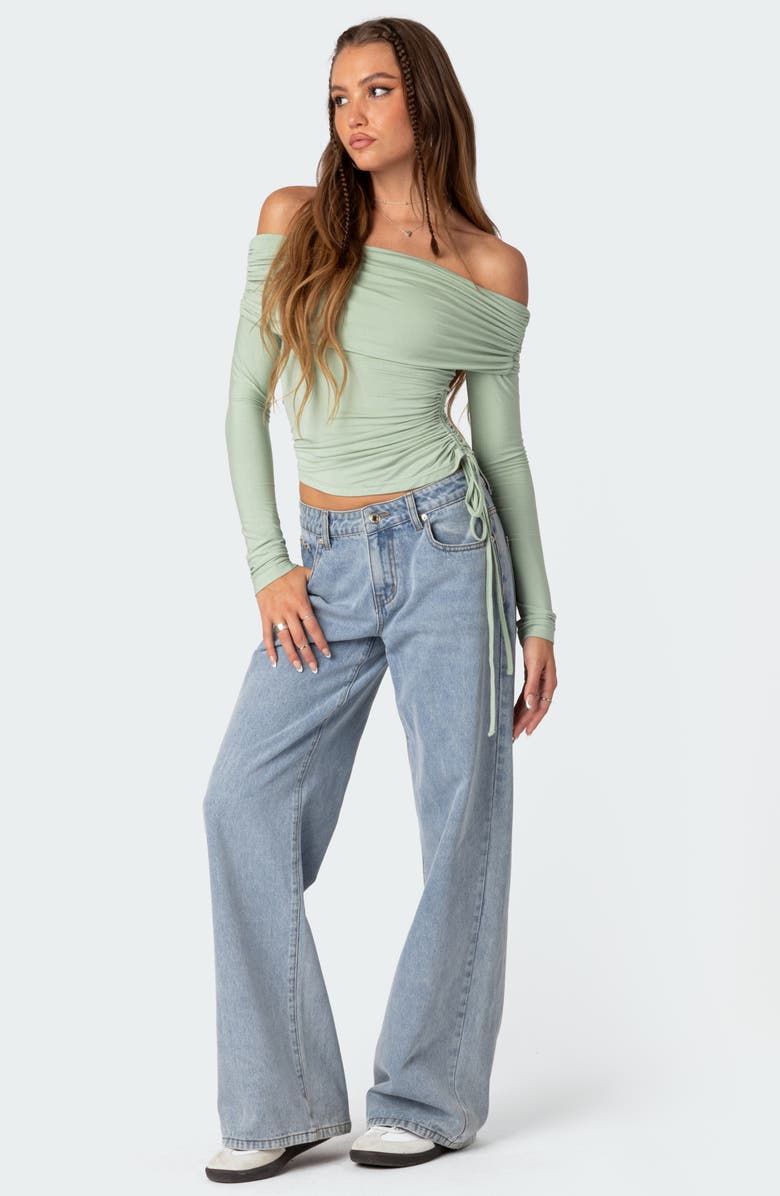 EDIKTED Off the Shoulder Side Ruched Knit Top, Alternate, color, Green