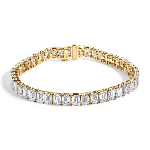 IGI Certified 14K Yellow Gold 18 1/2 Cttw Emerald Cut Lab Grown Diamond Tennis Bracelet