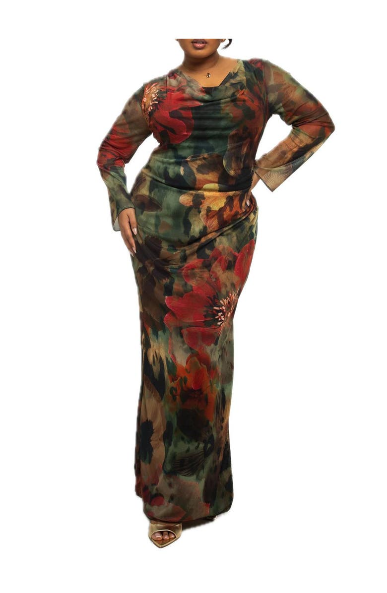 FASHION-SZN CURVE Plus Size Floral Print Mesh Maxi Dress, Alternate, color, Khaki
