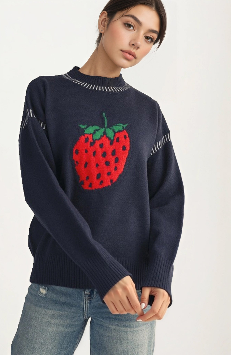 Knit and Lounge Playful Strawberry Knit Sweater with Ribbed Hem and Long Sleeves, Alternate, color, 