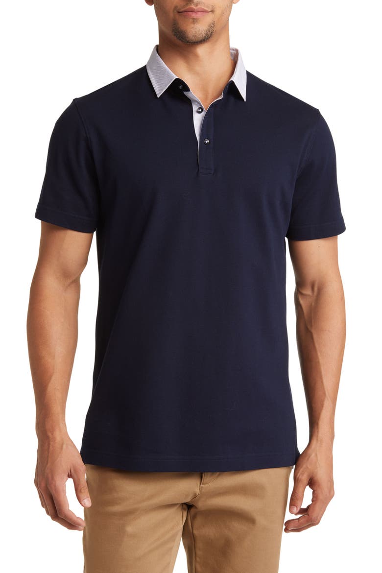 Trim Fit Stripe Collar Short Sleeve Polo, Main, color, NAVY