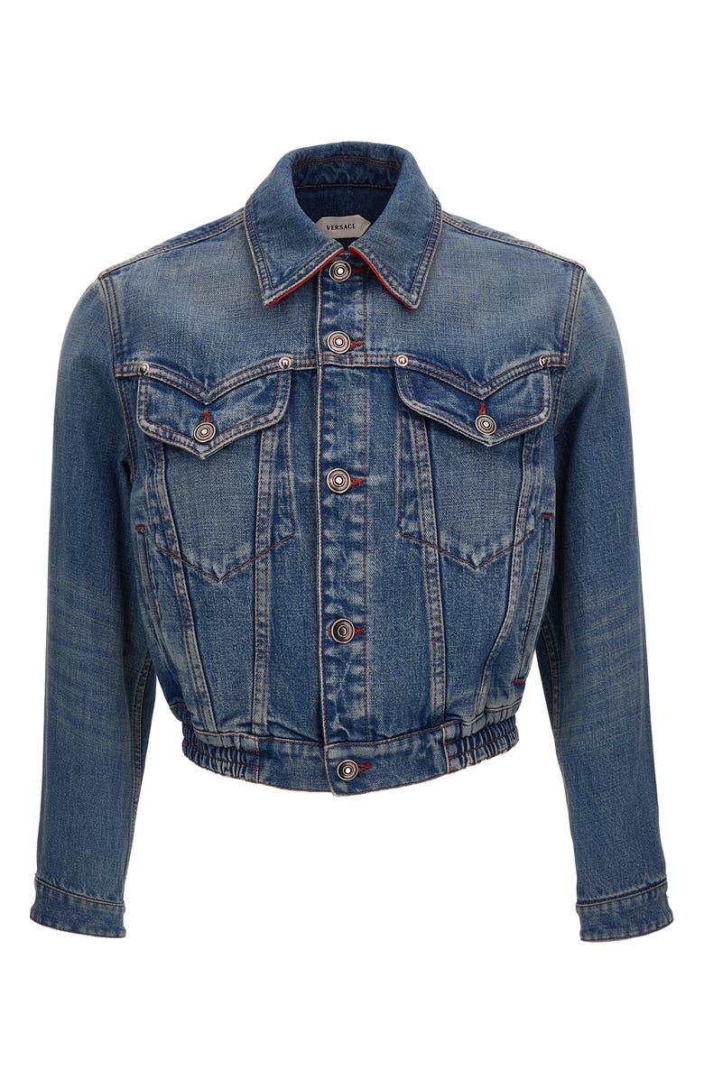 Versace Crop Denim Trucker Jacket, Main, color, Medium Blue
