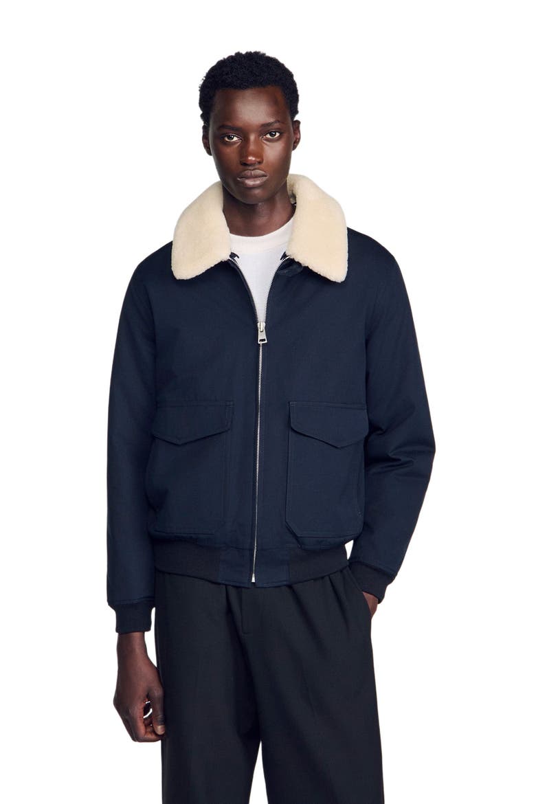 Shearling collar aviator jacket, Alternate, color, Navy blue
