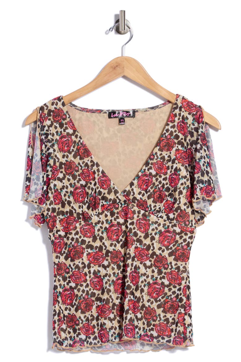 Petal Sleeve T-Shirt, Main, color, TAN CHEETAH CLUB FLORAL
