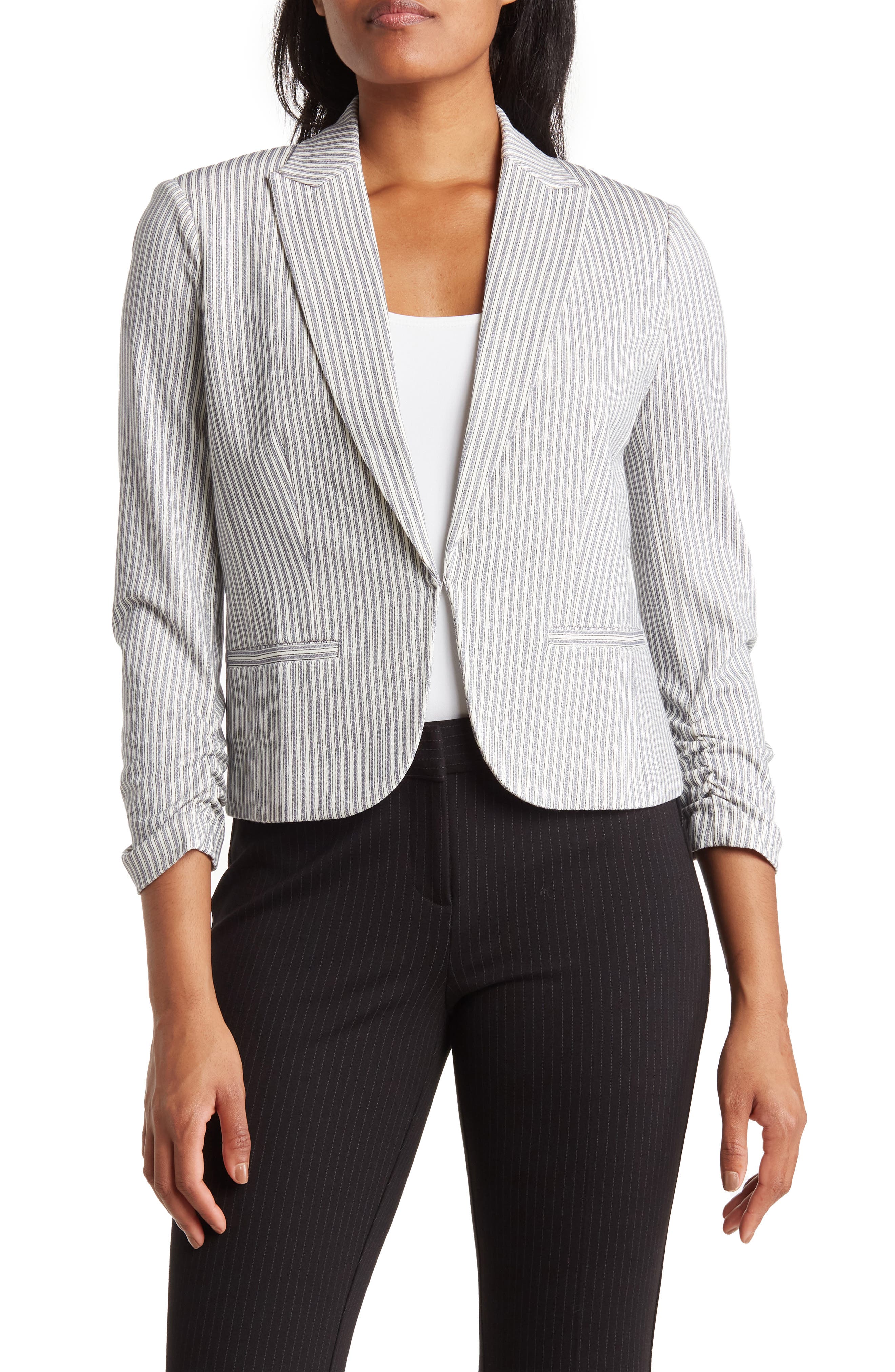 Amanda & Chelsea Three-Quarter Scrunch Sleeve Railroad Stripe Blazer
