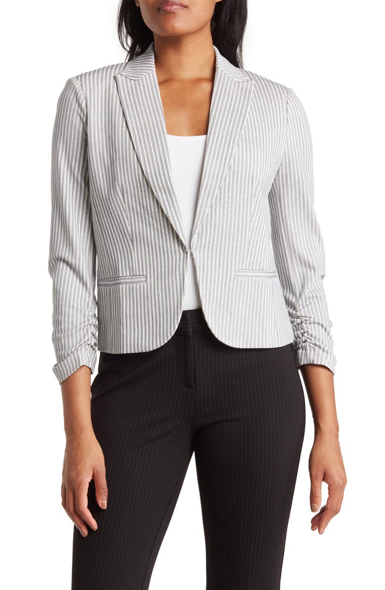 Amanda & Chelsea Three-Quarter Scrunch Sleeve Railroad Stripe Blazer, Main, color, Blue/ White