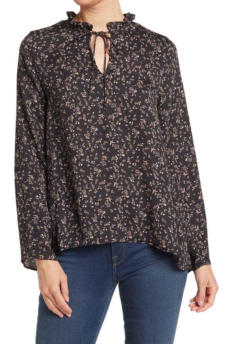 Tab Sleeve Flounce Back Tunic, Main, color, IVORY BLACK DITSY