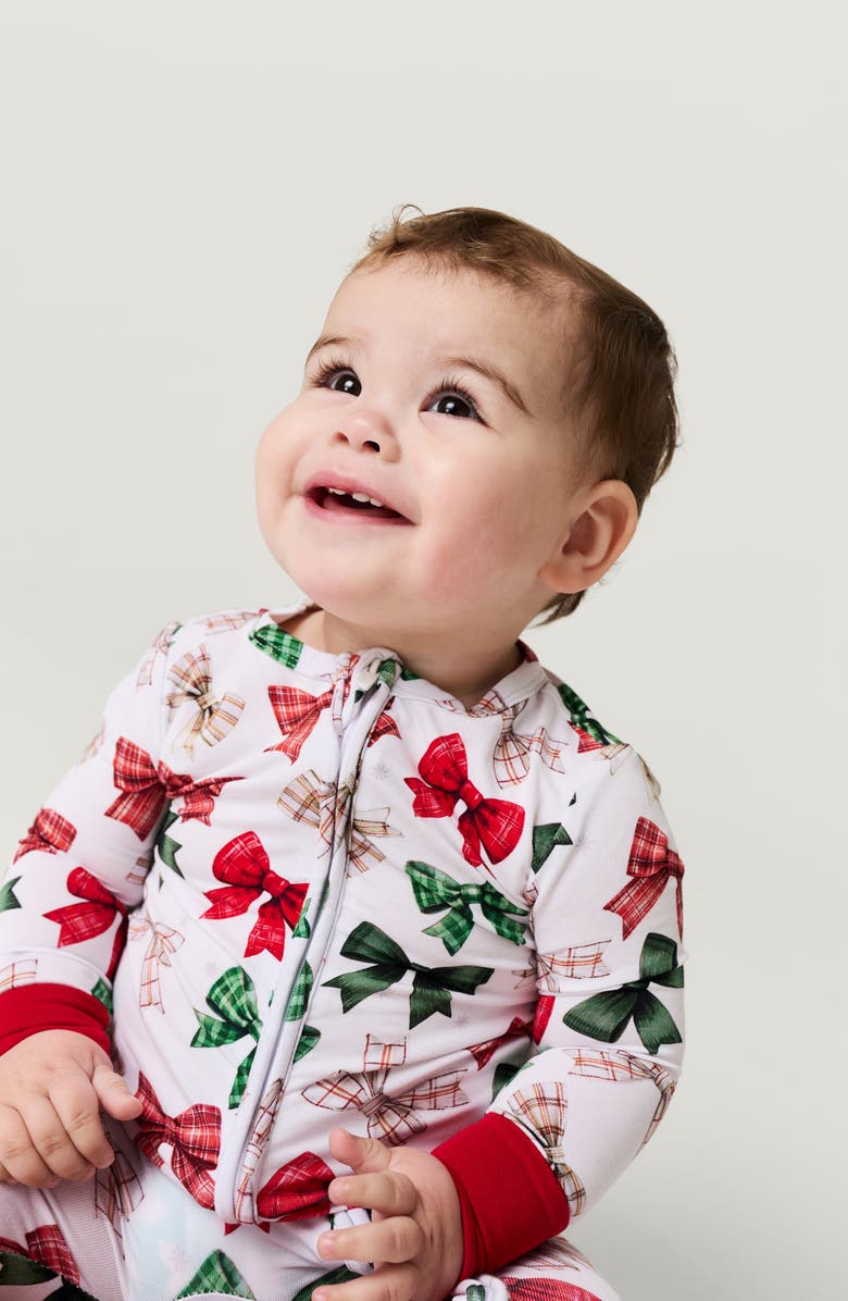 Posh Peanut Bow Print Fitted Convertible Footie Pajamas, Alternate, color, White