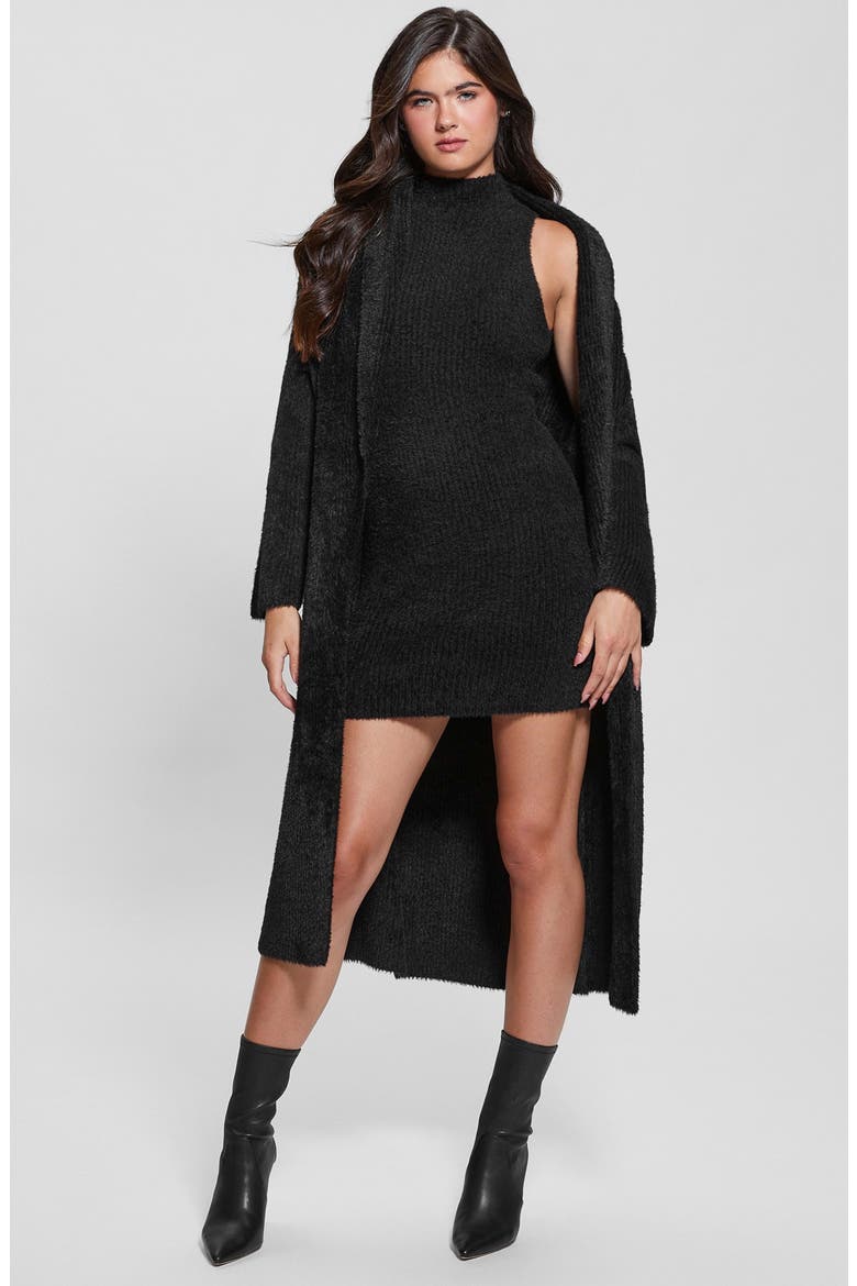 Vero Fuzzy Shawl Collar Longline Cardigan, Alternate, color, JET BLACK