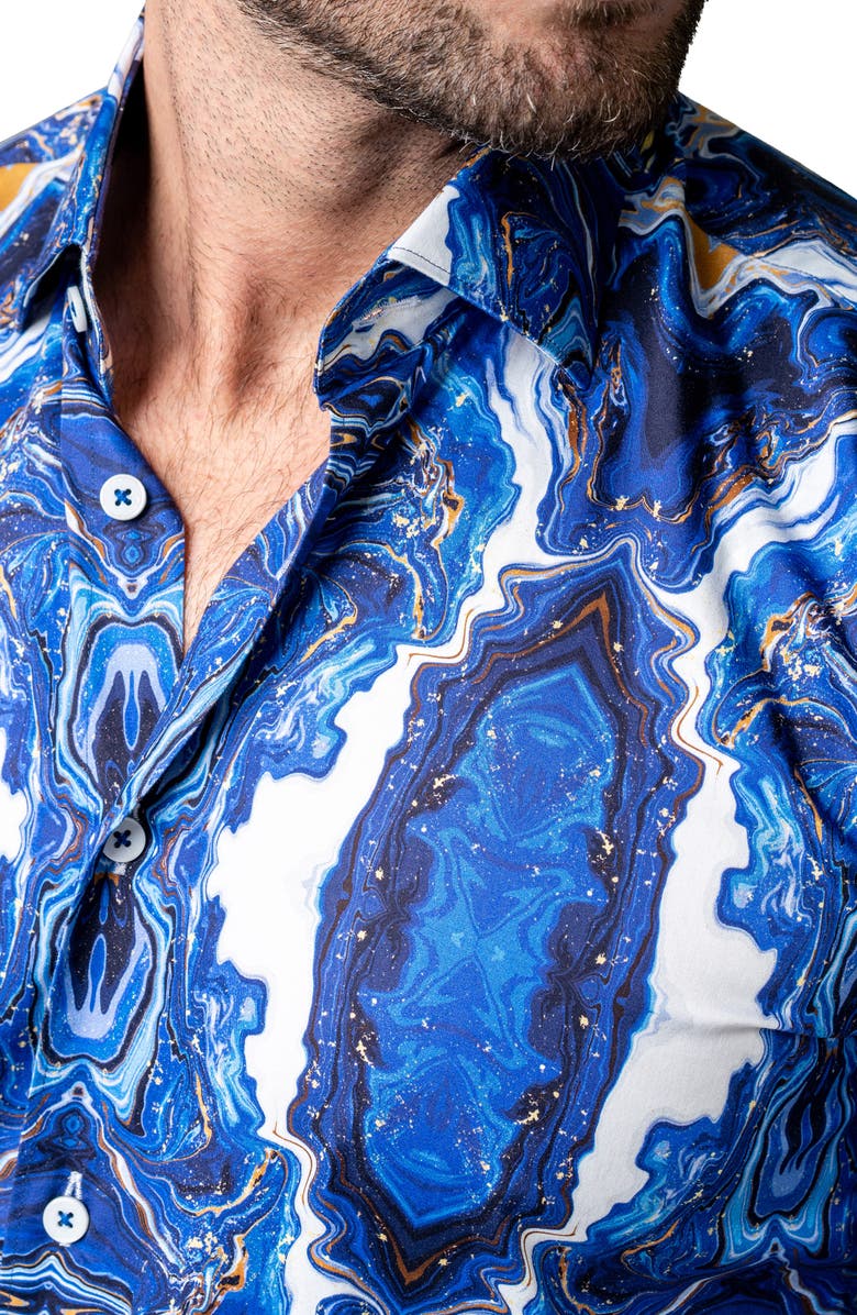 Maceoo Fibonacci Oilspill Blue Cotton Button-Up Shirt, Alternate, color,