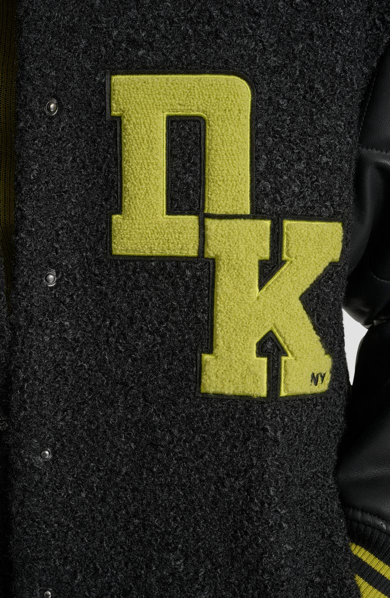 DKNY Logo Bouclé & Faux Leather Varsity Jacket, Alternate, color,