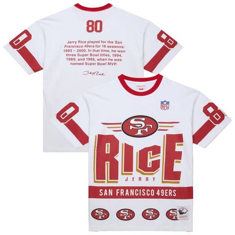 Men's Mitchell & Ness Jerry Rice White San Francisco 49ers Name & Number Team Origins Vintage Logo T-Shirt