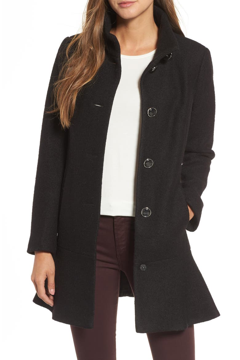 Single Breasted Ruffle Hem Coat, Main, color, BLACK