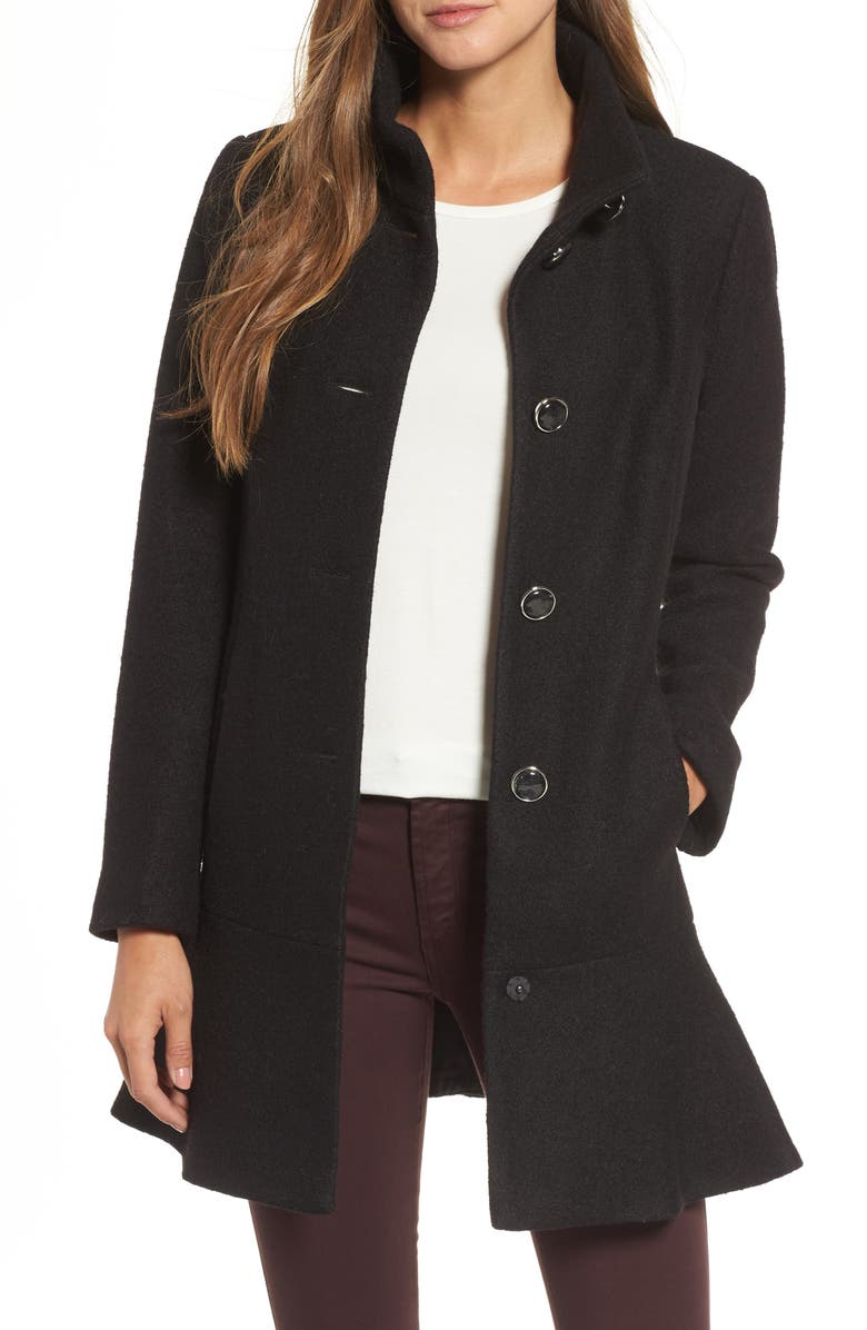 Kensie Single Breasted Ruffle Hem Coat, Main, color, 