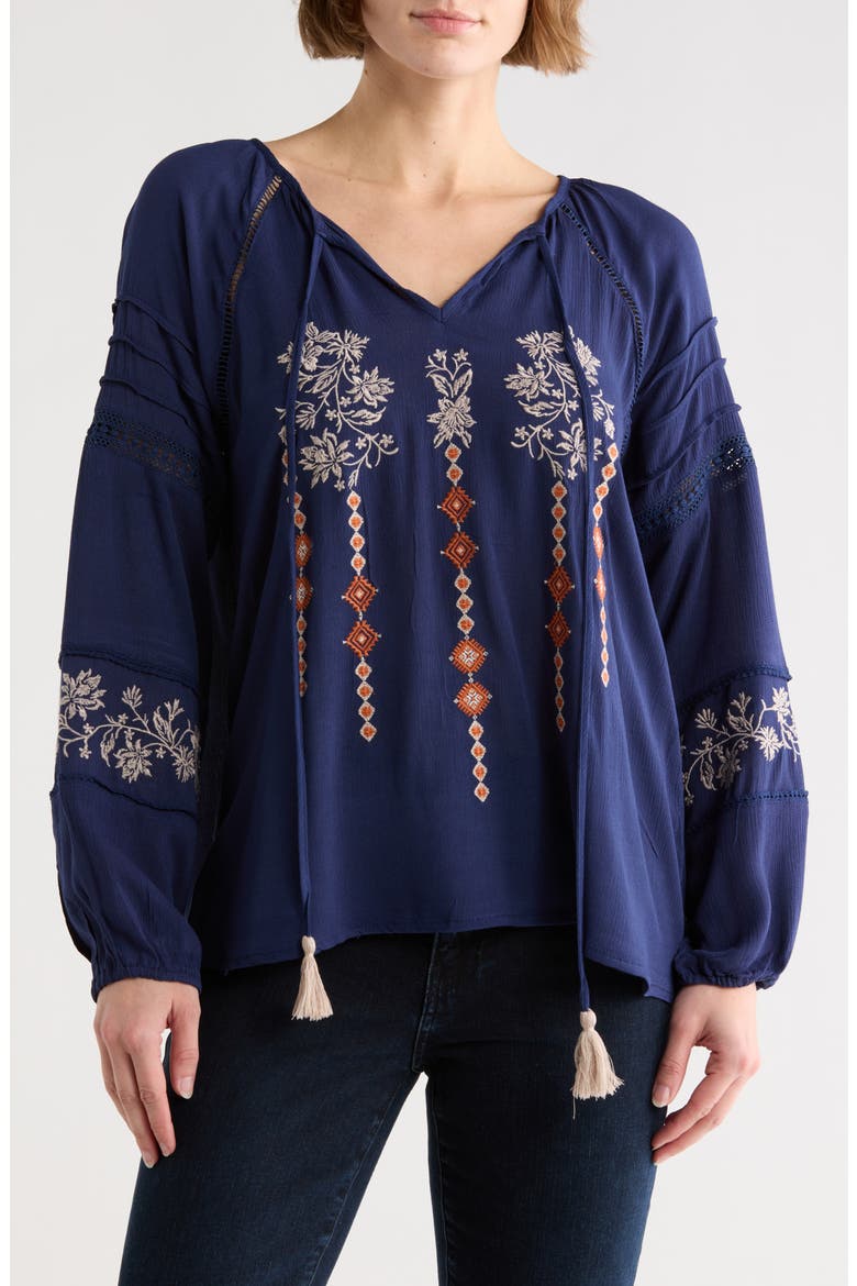 Embroidered Keyhole Long Sleeve Tunic Top, Main, color, NAVY