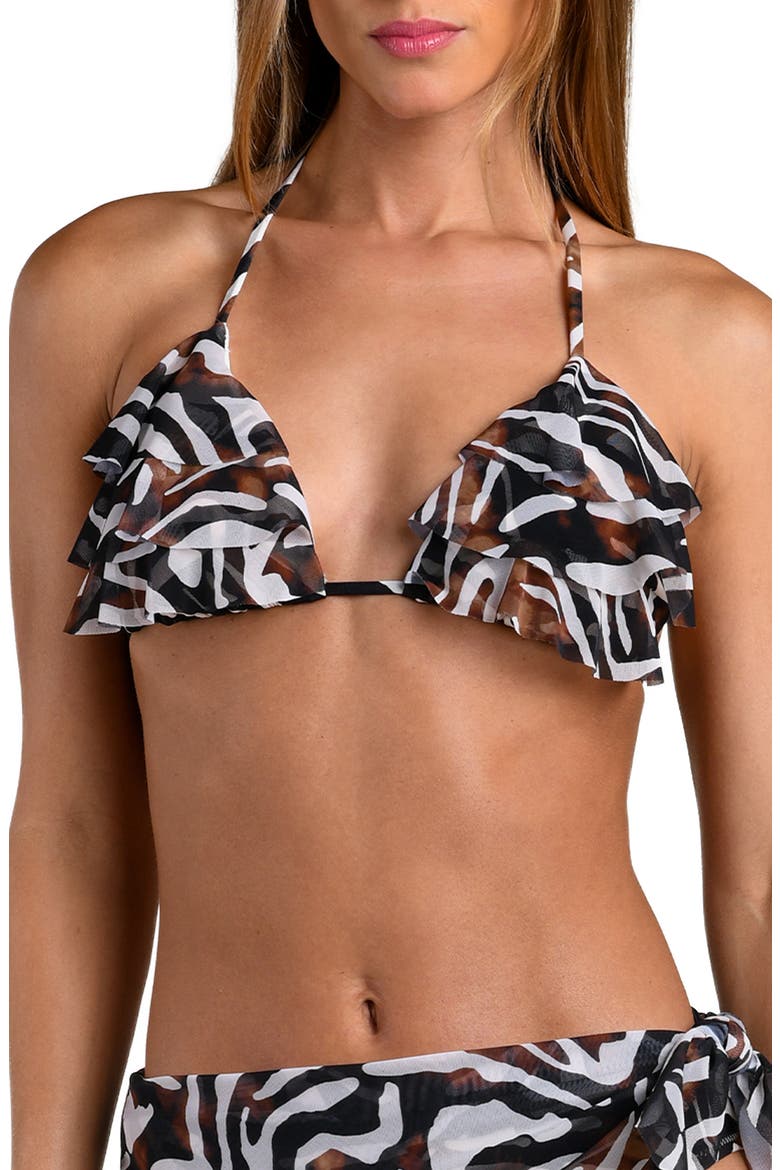 Nightlife Ruffle Triangle Bikini Top, Main, color, BROWN MULTI