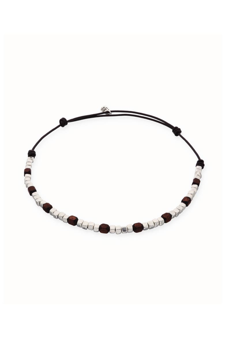 Leather Necklace with Silver and Wood Beads, Alternate, color, Silver