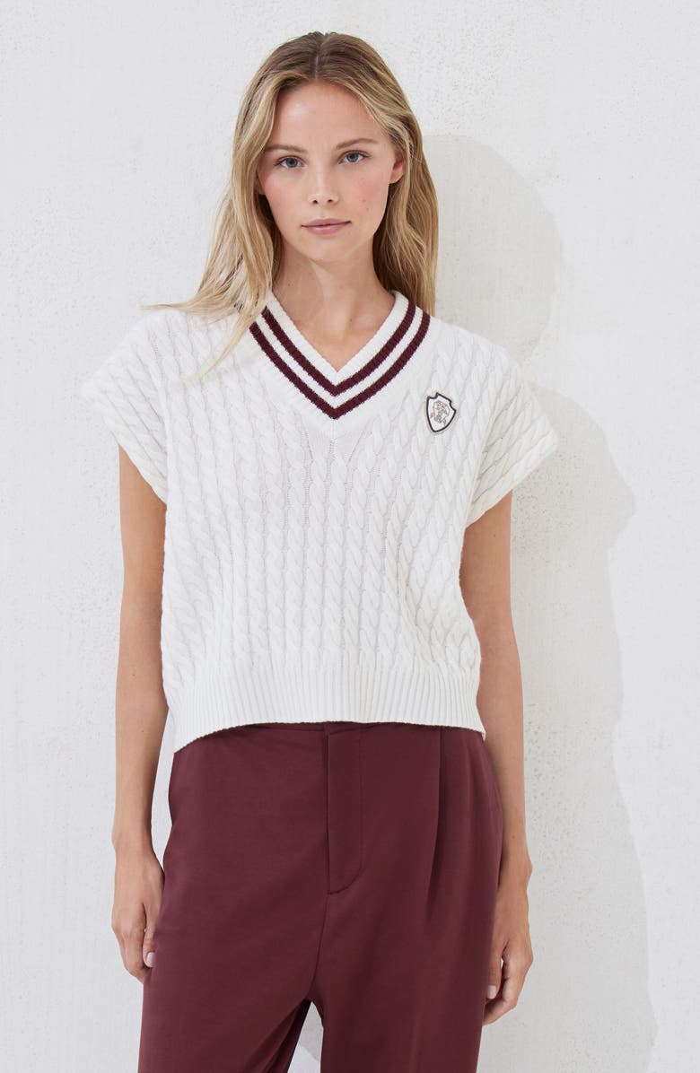 Brunello Cucinelli Cashmere knit sweater vest with logo, Alternate, color, Panama